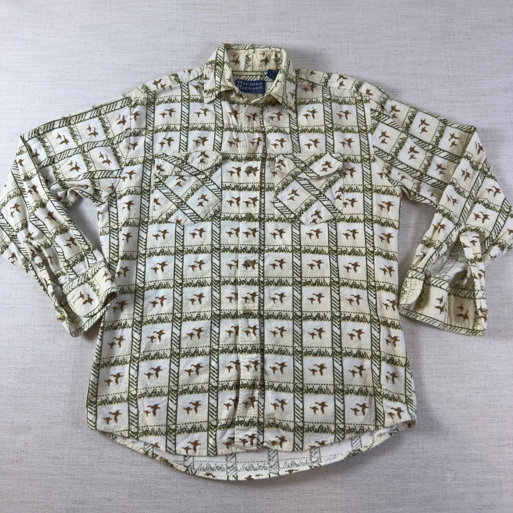 Norman Rockwell by Haband Mens Small Duck Print Button Up Shirt Cream Green